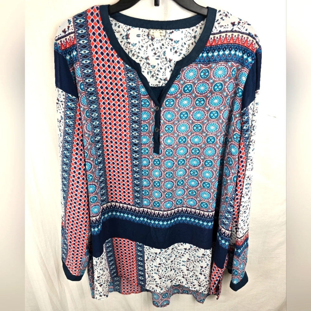 Eyeshadow Navy and Coral Patchwork Patterned Long Sleeve V Neck Shirt Sz 2X